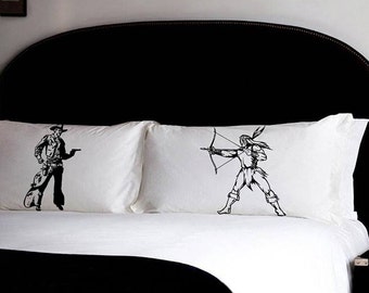 Cowboy vs Indian pillowcases 2 PILLOW FIGHTING western chief sheriff rifle guns duel fight retro UNIQUE Gift Black room old pillow case New