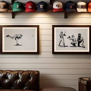 Vintage Baseball wall art SET, canvas baseball themed room, print wall sign theme home poster art decor flag hat Batter Pitcher posters gift
