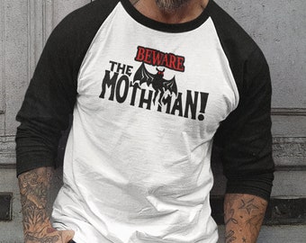 Mothman Shirt, Moth man tshirt, alien t-shirt, West Virginia, the mothman, raglan ringer tee, scifi, 1960s, vintage, retro, movie poster tee