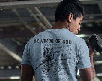 ARMOR of GOD tshirt, mens t-shirt, ephesians psalm back of men's shirt knight armor gym workout lifting fitness blue Christian Shirt