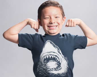 Great White Shark shirt, Hand Screen Printed Shark Tshirt, Short Sleeved Boys Girls Child Graphic Tee t-shark shirt, 12 18 2T 3T 4T s m l xl