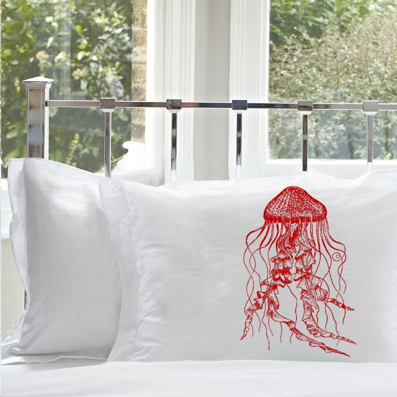 Red Jellyfish pillowcase set, pillowcases, nautical decor, nautical pillowcase, pillow cover Nautical Decor Coastal Decor Beach image 1