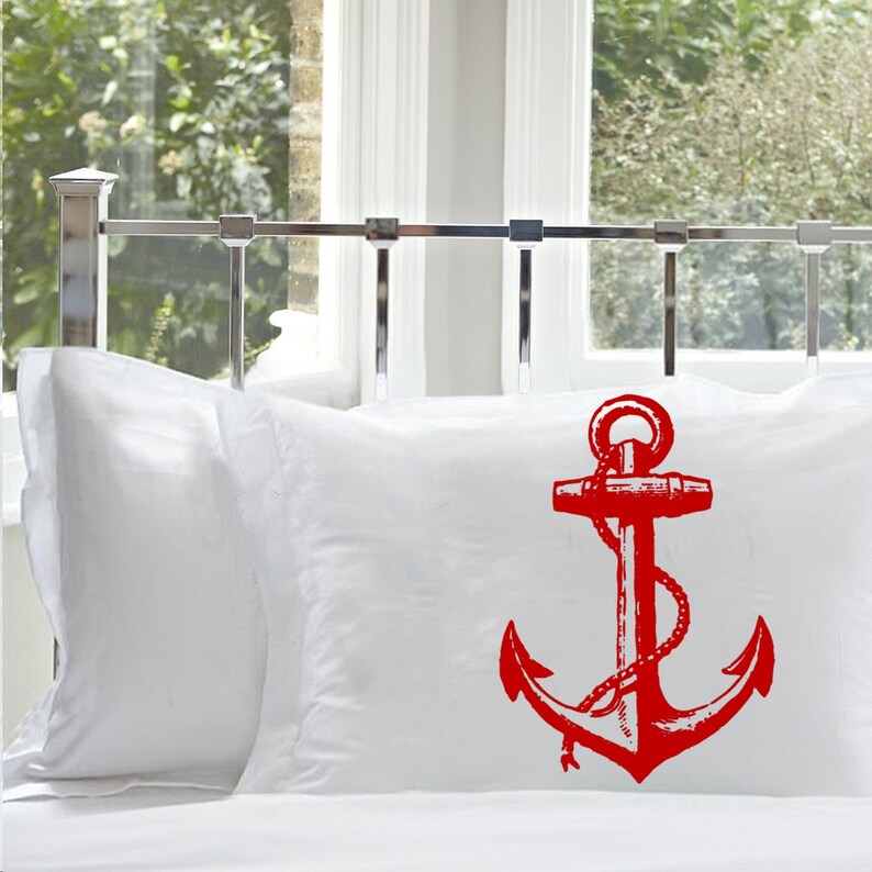 Red Ship's Anchor Cotton Pillowcase Nautical Decor Coastal Decor Anchor Pillowcase Cotton Pillowcase Beach Decor Anchor image 1