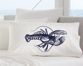 Navy Blue Lobster Pillowcase Nautical Decor Coastal Bedding white cotton pillowcase bed room vacation home beach house room decor Maine