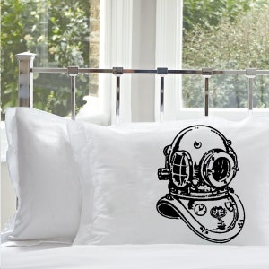 Old Vintage Deep Sea Diver Helmet Cotton Pillowcase | Diver&#39;s Helmet | Nautical Decor | Diver Decor | Coastal Decor | Scuba nautical bedding
