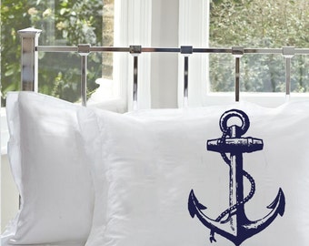 Navy Blue Nautical Ships Anchor Cotton Pillowcase | Nautical Decor | Coastal Decor | Nautical Bedding | Cotton Pillowcase | Beach House Deco