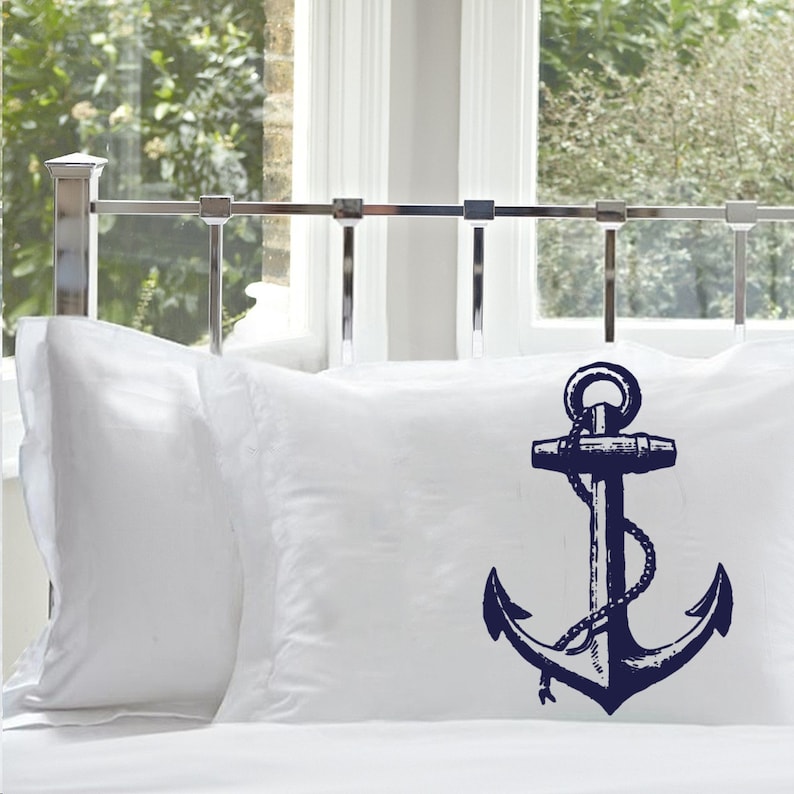 Navy Blue Nautical Ships Anchor Cotton Pillowcase Nautical Decor Coastal Decor Nautical Bedding Cotton Pillowcase Beach House Deco image 1