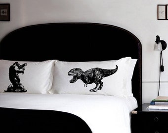 king kong parody and T-Rex Cotton Pillow Covers, Monster Pillow Fight Set of Pillowcases Movie Decor Dinosaurs kaiju child boy bedroom Funny