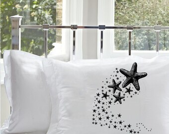 Black Shooting STARFISH sea stars pillow case deep sea tales Ocean Beach fish unique decor art black white retro sailor Nautical Pillowcase