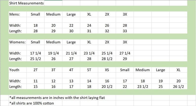 Puede incluir: Un gr&aacute;fico que muestra las medidas de las camisas en pulgadas para tallas de hombre, mujer y ni&ntilde;o. El gr&aacute;fico incluye las medidas de ancho y largo para cada talla.
