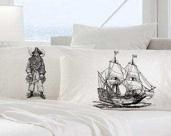 Two pillow cases PIRATE black beard and SHIP skull crossbones Nautical jack Ship's theme of the bones ocean steam punk Anchor pillowcase NEW