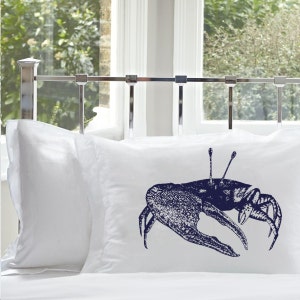 Navy Blue Fiddler Crab Pillowcase nautical decor cotton pillow case cover white standard coastal bedroom vacation home