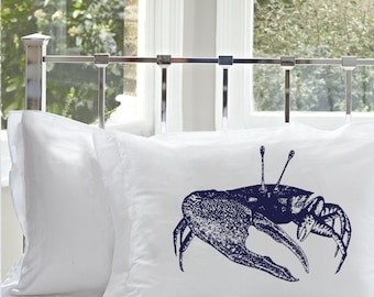 Navy Blue Fiddler Crab Pillowcase nautical decor cotton pillow case cover white standard coastal bedroom vacation home