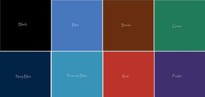 May include: A color chart with eight different colors: black, blue, brown, green, navy blue, peacock blue, red, and purple.