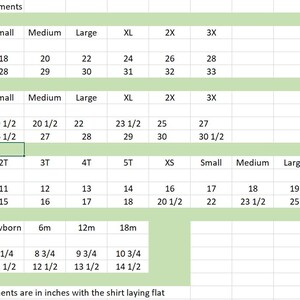 May include: A chart showing shirt measurements in inches for different sizes and ages, including men's, women's, youth, and infant sizes.