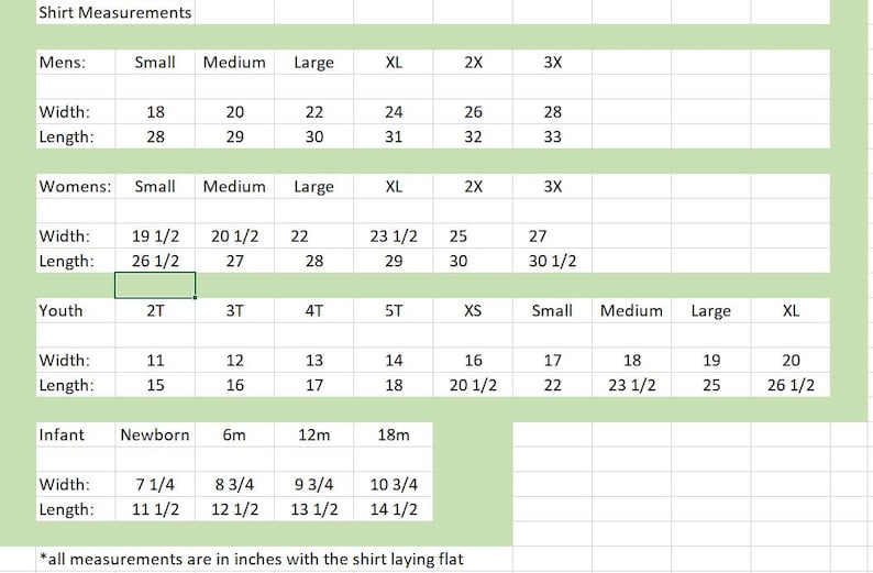 May include: A chart showing shirt measurements in inches for different sizes and ages, including men's, women's, youth, and infant sizes.