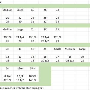 May include: A chart showing shirt measurements in inches for men, women, youth, and infants. The chart includes sizes, width, and length measurements.