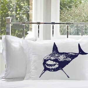 Navy Blue Great White Shark | Shark Pillowcase | Shark Decor | jaws | Nautical Decor | Coastal Decor | Beach Decor | shark bedding |