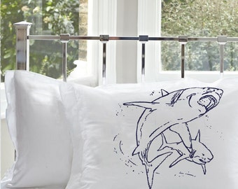 Great White Sharks Pillow Cover Queen Size Cotton Pillow Case Nautical bedding Ocean pillowcase Beach Coastal Decor