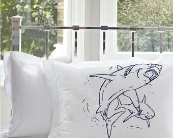 Navy Blue Shark Cotton Nautical Pillowcase