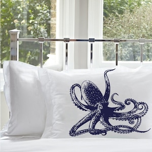 Navy Blue Octopus Pillowcase | Octopus bedding | Nautical Decor | Beach Decor | Coastal Decor | pacific octopus pillow covers bedding decor