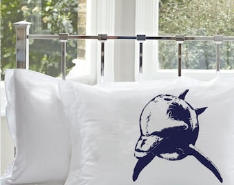 Navy Blue Bottle Nose Dolphin Pillowcase | Dolphin Decor | Nautical Coastal Bedding Decor Beach House Vacation Home Room Decor Flipper