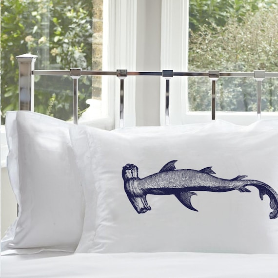 Two Hammerhead Shark Pillow Covers Coastal White Nautical Decor Cotton Pillowcases pillow case Beach Ocean bedding