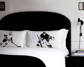 2 PILLOW fighting HOCKEY pillowcases fight air box ice field vintage sport retro UNIQUE Gift Black White room decor Standard pillow case New