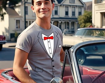 Funny pee-wee shirt, adventure costume tshirt, prom wedding men's suit halloween t-shirt gray tuxedo peewee's tee dance big party Movie show