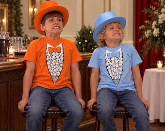 2 Boys Child Shirts- Harry & Llyod fan art, Comic Con Tuxedo orange blue t-shirt suit, Funny Halloween Costume Shirts, and movie photo props