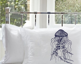 Navy Blue Jellyfish Cotton Pillowcase | Nautical Decor | Coastal Decor | Nautical Bedding | Jellyfish | Cotton Pillowcase | Beach Decor