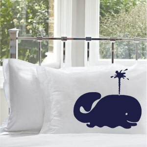 Spouting Whale Cotton Pillow Cover, Queen Size Whale Pillowcase, Navy Blue Whale Ocean Decor, Nautical Decor | Coastal Decor | Beach Decor