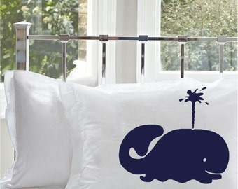 Navy Blue Spouting Whale White Nautical Pillowcase | Whale Pillowcase | Navy Blue Whale | Spouting Whale | Nautical Decor | Coastal Decor