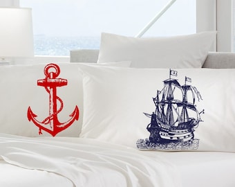 2 pillow cases red ANCHOR and navy SHIP skull crossbones Nautical jack Ship's theme of the bones pirate ocean steam punk Anchor pillowcase