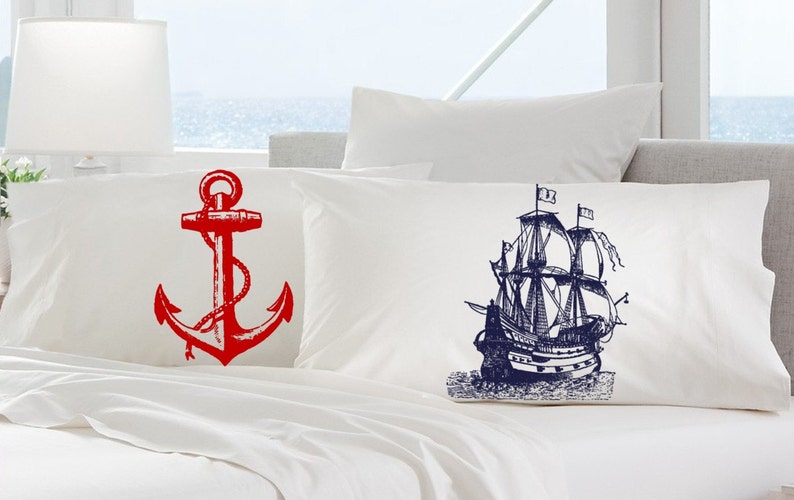 2 pillow cases red ANCHOR and navy SHIP skull crossbones Nautical jack Ship's theme of the bones pirate ocean steam punk Anchor pillowcase image 1