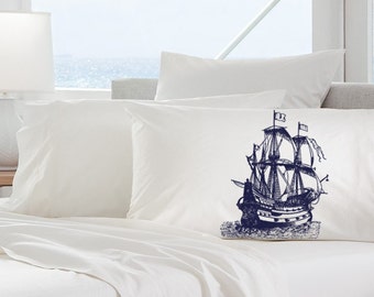 Navy Blue Clipper Ship Cotton Pillowcase | Nautical Coastal Decor Pillow Covers