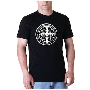 St. Benedict medal Mens black Short sleeve tee shirt Awesome Catholic Saint
