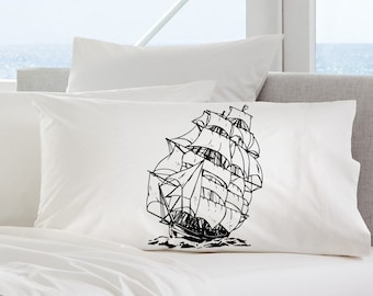 Clipper Sail Ship Pillow Cover Queen Size Cotton Pillowcase Sail Boat Case Coastal Decor Nautical Bedding Ocean Beach