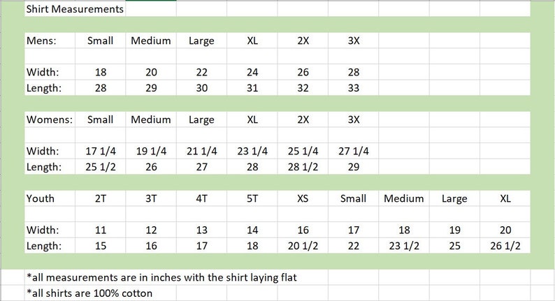 Puede incluir: Un gr&aacute;fico que muestra las medidas de las camisas en pulgadas para tallas de hombre, mujer y ni&ntilde;o. El gr&aacute;fico incluye las medidas de ancho y largo para cada talla.