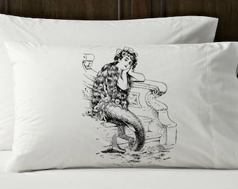Mermaid Cotton Pillowcase | mermaid decor | beautiful sea maiden sitting by the beach | vintage girl lady ship sailor room sheets pin up