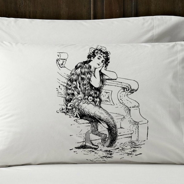 Mermaid Cotton Pillowcase | mermaid decor | beautiful sea maiden sitting by the beach | vintage girl lady ship sailor room sheets pin up