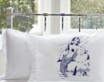 Navy Blue Mermaid Pillowcase beautiful sea maiden vintage girl lady ship sailor room pin up White cotton cover pillow case coastal nautical