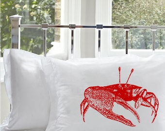 Red Fiddler Crab Pillowcase White Cotton Nautical Coastal pillow cover bedding Room Decor Beach House Vacation Home Gift Ideas