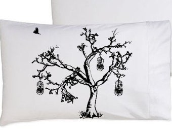 Birds of Freedom Tree Bird Cage Pillowcase pillow case Oak Tree bedding black white cotton case bedroom decor gift idea house warming