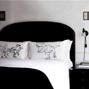 T-Rex vs Raptors Cotton Pillowcase Set, Dinosaur Pillow Fight