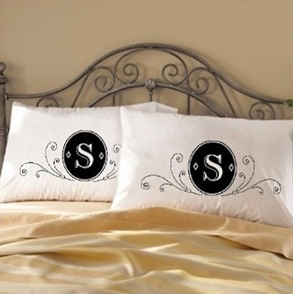 Fancy deluxe Letter Monogram pillow case screen printed House Warming Gift  modern White Pillowcase Black initials crest home decor bedroom