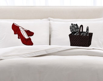 Ruby Red Dorothy Slippers & Toto Dog pillowcase set pillow cover case todo high heel shoes great movie decor retro oz fan girls room decor