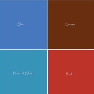 May include: A color chart featuring eight distinct square swatches arranged in two rows. The colors include black, blue, brown, green, navy blue, peacock blue, red, and purple. Each square contains the corresponding color name in white text.