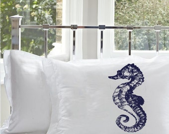 Navy Blue Sea Horse White Nautical Pillowcase cover pillow cases | Cotton Pillowcase | Nautical Decor | Coastal Decor | Sea Horse PillowCase