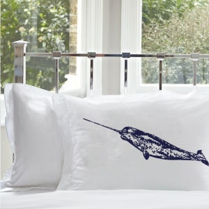 Navy Blue Narwhal whale Pillow Cover White Nautical pillow case sea unicorn nautical decor | coastal decor | narwhal pillowcase beach decor